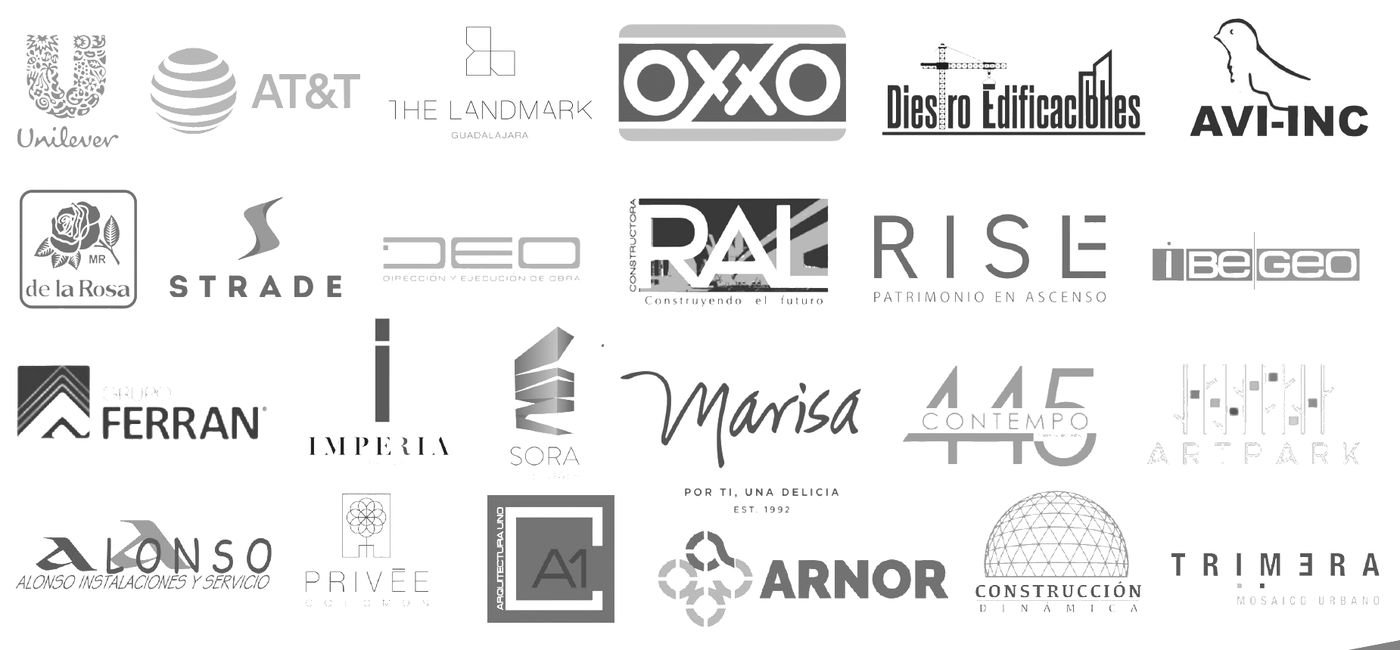 Logotipos de clientes de SICSSOM: Unilever, AT&T, The Landmark, OXXO, Diestro Edificaciones, AVI-INC, De la Rosa, Strade, DEO, Constructora RAL, RISE, iBeGeo, Grupo Ferran, Imperia, Sora, Marisa, 445 Contempo, Artpark, Alonso, Privée, Arquitectura Uno, Arnor, Construcción Dinámica y Trimera