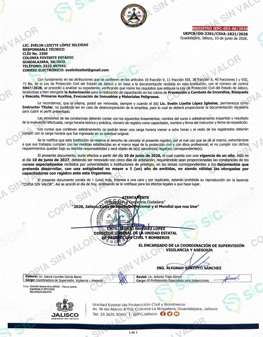 Registro IEPC-093-06/2026 de Protección Civil Jalisco como capacitador de brigadas