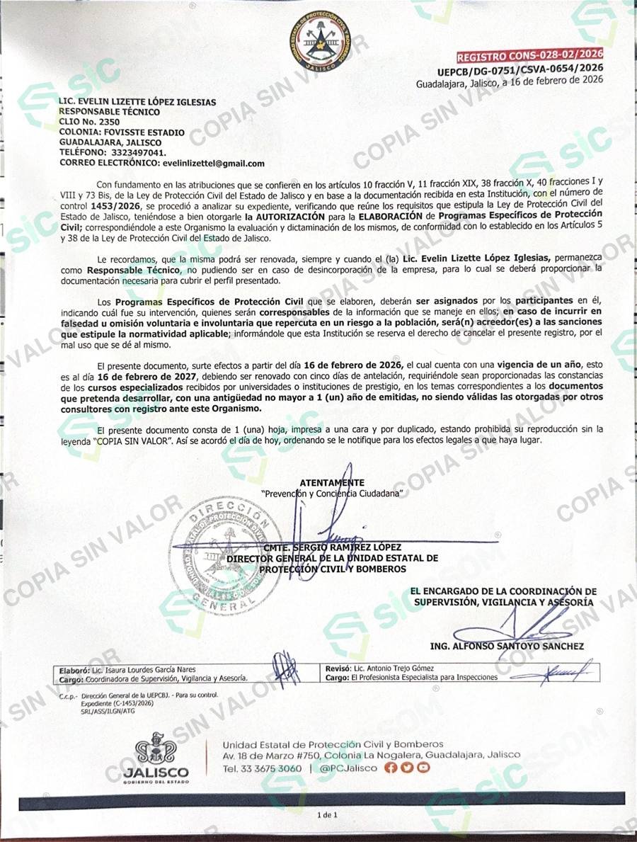 Registro CONS-028-02/2026 de Protección Civil Jalisco como consultor