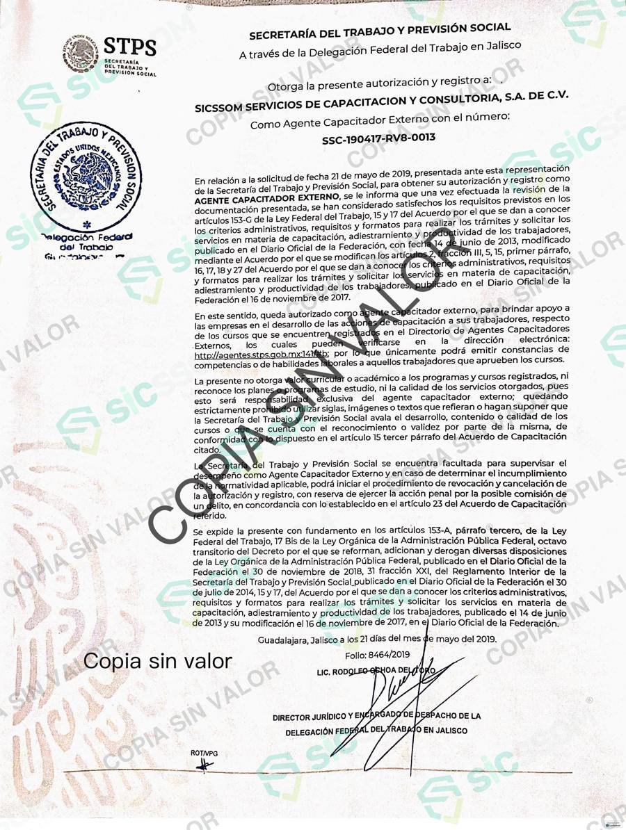 Registro STPS SSC-190417-RV8-0013 como Agente Capacitador Externo